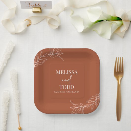 Terracotta Minimal Minimalistische Branch Leaf Wed Pappteller (Hochzeit)