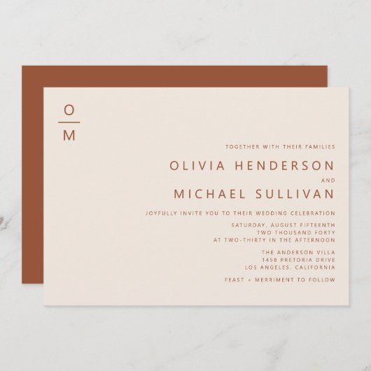 Terracotta Minimalist Typografy Monogram Wedding Einladung (Vorne/Hinten)