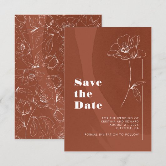 Terracotta Minimalistisch Boho Floral Save the Dat Date (Vorne/Hinten)