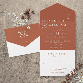 Terracotta Minimalistisch Elegante Monogram Weddin All In One Einladung