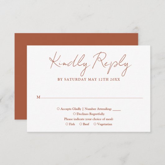 Terracotta Minimalistisch Elegante Script Wedding RSVP Karte (Vorne/Hinten)