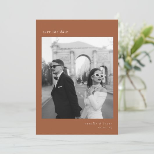 Terracotta Minimalistisch Elegantes Foto Save the  Einladung (Stehend Vorderseite)