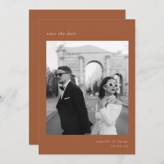 Terracotta Minimalistisch Elegantes Foto Save the Einladung (Vorne/Hinten)