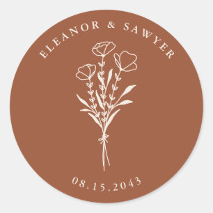Terracotta Minimalistisch Floral Bouquet Wedding Runder Aufkleber