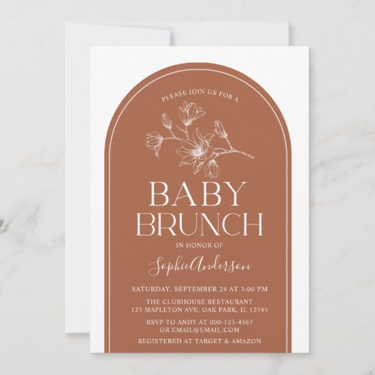 Terracotta Minimalistisch Modern Arch Baby Brunch Einladung (Vorderseite)