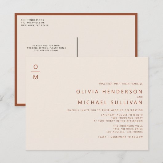 Terracotta Minimalistisch Monogram QR Code Wedding Einladungspostkarte (Vorne/Hinten)