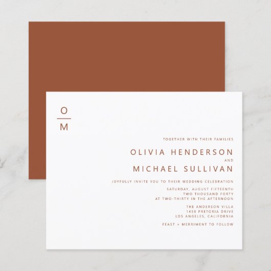 Terracotta Minimalistisch Monogram Wedding Einladu (Vorne/Hinten)