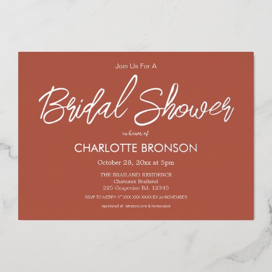 Terracotta Minimalistisch Script Brautparty Silver Folieneinladung (Vorderseite)