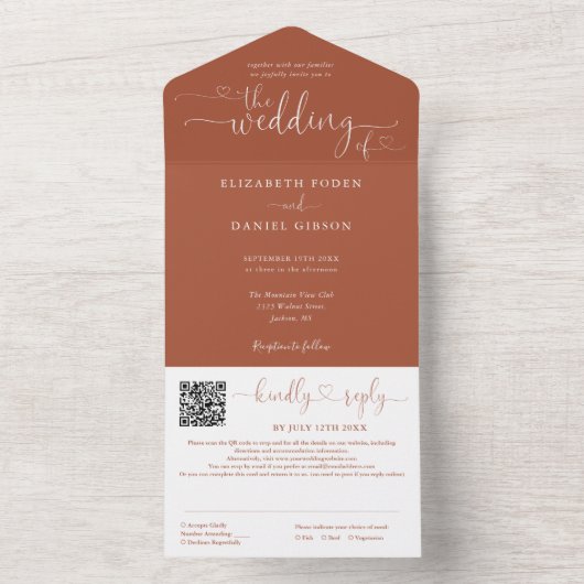 Terracotta Minimalistisch Script QR Code Wedding All In One Einladung (Innen Boden)