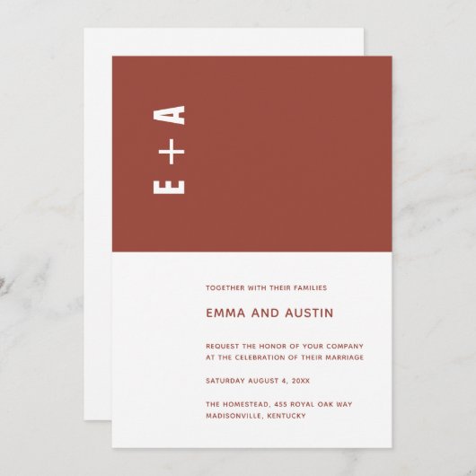 Terracotta Minimalistische Farbblockinitialen Hoch Einladung (Vorne/Hinten)