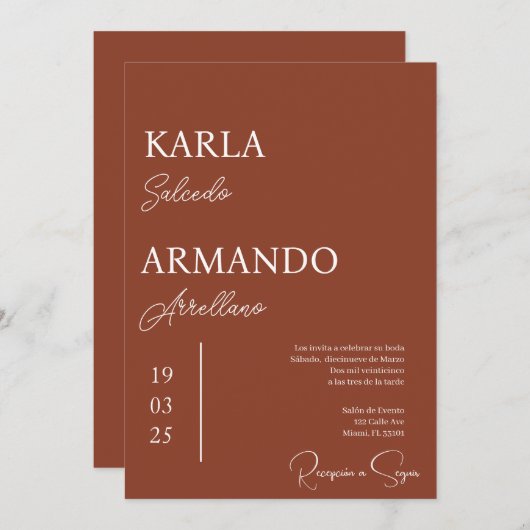 Terracotta minimalistische Hochzeit Einladung Span (Vorne/Hinten)