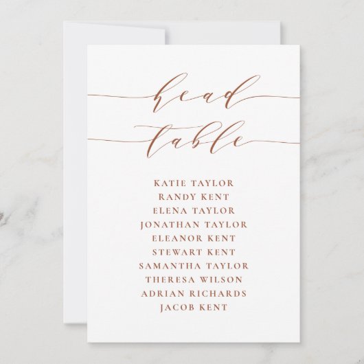 Terracotta Minimalistische Script Head Table Card (Vorderseite)