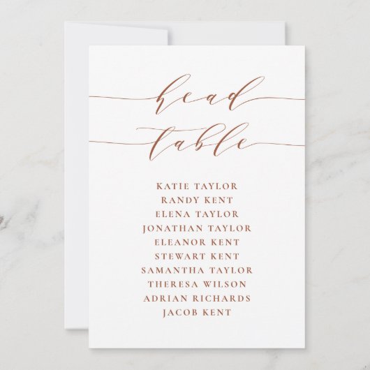 Terracotta Minimalistische Script Head Table Card (Rückseite)