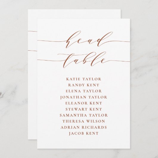 Terracotta Minimalistische Script Head Table Card (Vorne/Hinten)