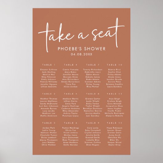 Terracotta Minimalistisches Brautparty Sitzplan Poster (Vorne)