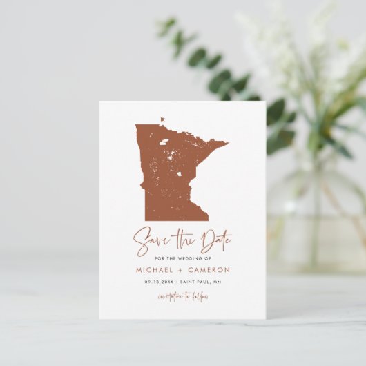 Terracotta Minnesota Karte QR-Code Save the Date (Stehend Vorderseite)