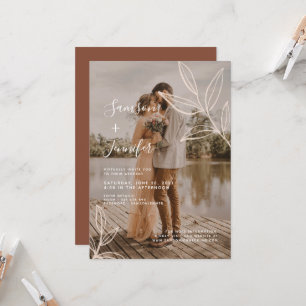 Terracotta mit Blätter Boho Foto Overlay Hochzeit Einladung
