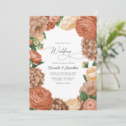 Terracotta, Mocha & Champagne Floral Wedding Einladung (Stehend Vorderseite)