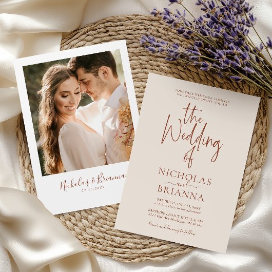 Terracotta Modern Boho Wedding Foto Minimalistisch Einladung