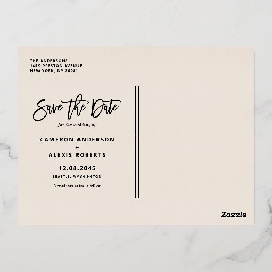 Terracotta Modern Calligraphy Photo Save the Date Folie Einladungspostkarte (Rückseite)