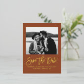 Terracotta Modern Calligraphy Photo Save the Date Folie Einladungspostkarte (Stehend vorne)