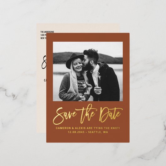 Terracotta Modern Calligraphy Photo Save the Date Folie Einladungspostkarte (Vorderseite/Rückseite)