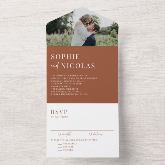 Terracotta Modern Handwritting Photo Wedding All In One Einladung (Innen)