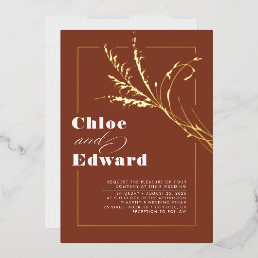 Terracotta Modern Pampas Grass Boho Wedding Folieneinladung (Briefumschlag)