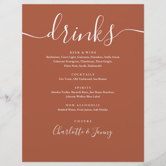 Terracotta Modern Script Wedding Drinks Menü (Vorne)