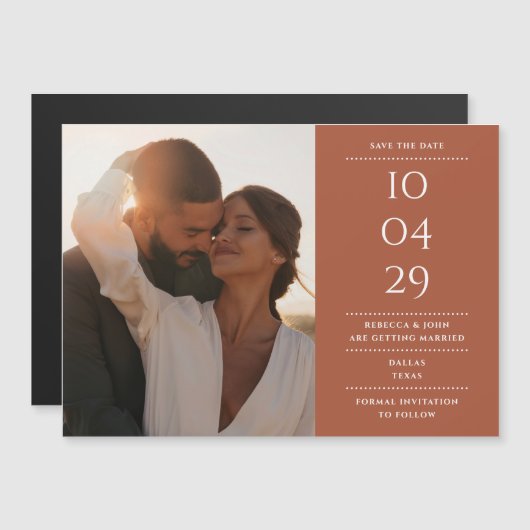 Terracotta Modern Wedding Foto Save the Date Magneteinladung (Vorne/Hinten)
