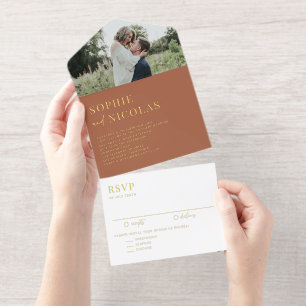 Terracotta Moderne Handschrift Foto Hochzeit All-in-One-Einladung