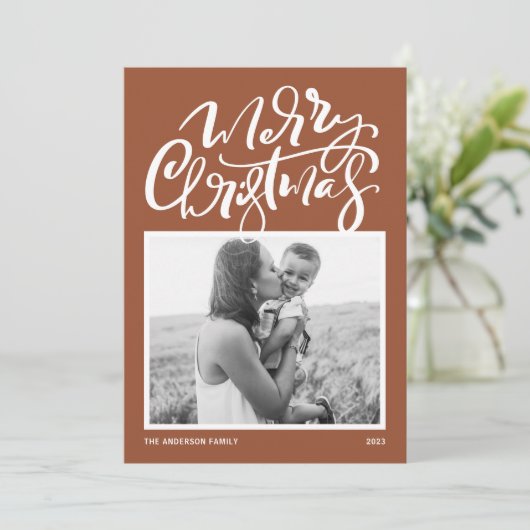 Terracotta Moderne Kalligraphie Foto Weihnachten (Stehend Vorderseite)