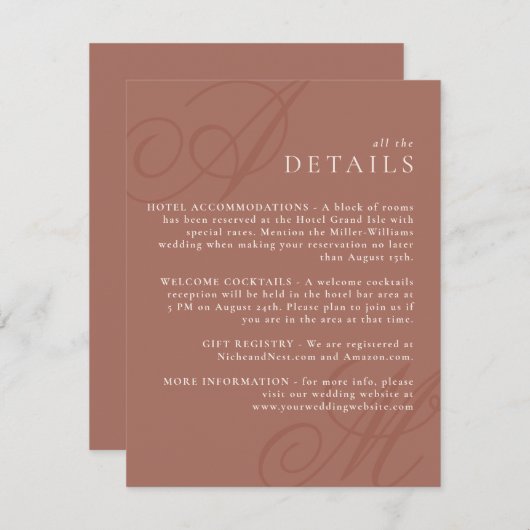 Terracotta Moderne Kante Elegante Monogramm Detail Begleitkarte (Vorne/Hinten)