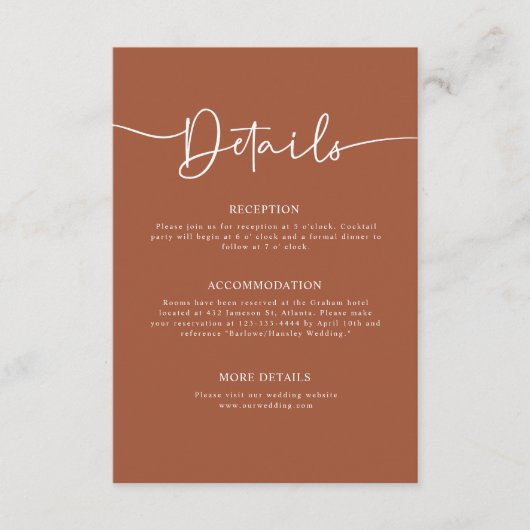 Terracotta Moderne Minimalkalligrafie Hochzeit Begleitkarte (Vorderseite)