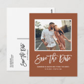 Terracotta Modernes kalligrafisches Foto Save the Postkarte (Vorne/Hinten)