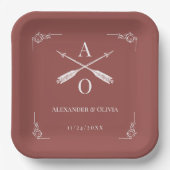 Terracotta Monogram and Arrows Wedding Pappteller (Vorderseite)