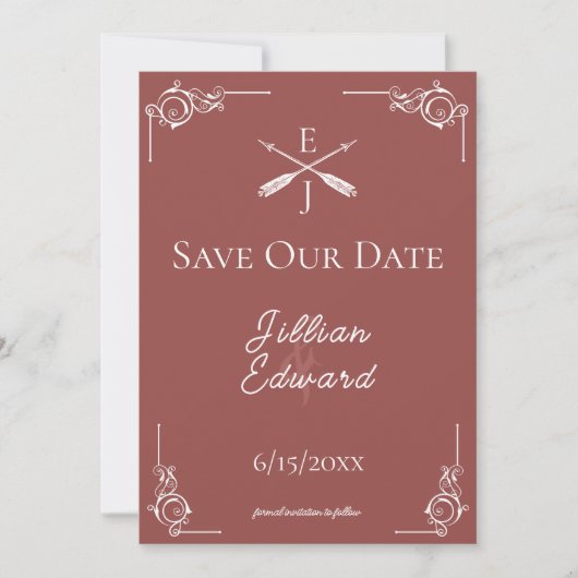 Terracotta Monogram und Pfeile Save the Date Ankündigung (Vorderseite)