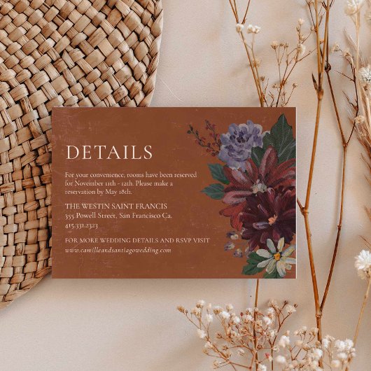 Terracotta Moody Floral Wedding Details Karte
