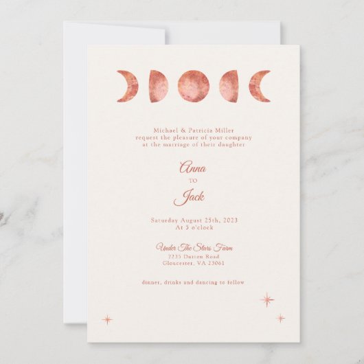 Terracotta Moon Phase Boho Hochzeit Einladung (Vorderseite)