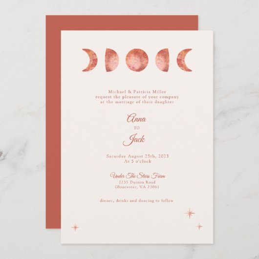 Terracotta Moon Phase Boho Hochzeit Einladung (Vorne/Hinten)