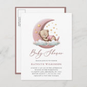 Terracotta Moon Pink Teddy Bear Girl Babydusche Einladungspostkarte (Vorne/Hinten)