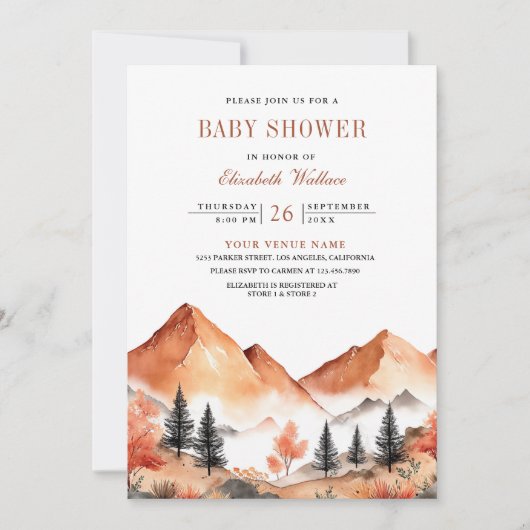 Terracotta Mountain Forest QR Code Babydusche Einladung (Vorderseite)