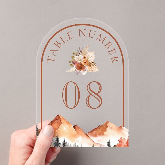 Terracotta Mountain Wedding Acrylic Table Number Acryleinladungen (Insitu (Handheld))