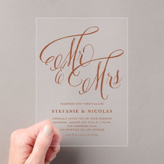 Terracotta Mr. and Mrs Rustic Calligraphy Wedding Acryleinladungen (Insitu (Handheld))