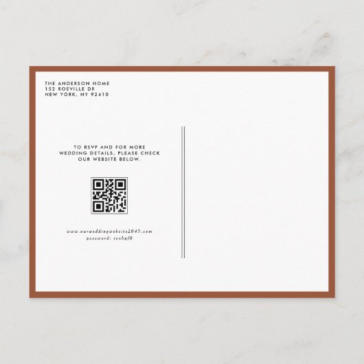 Terracotta Mr. & Mrs Rustic Script QR Code Wedding Einladungspostkarte (Rückseite)