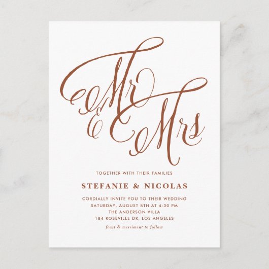 Terracotta Mr. & Mrs Rustic Script QR Code Wedding Einladungspostkarte (Vorderseite)