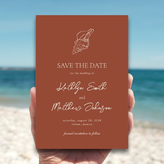 Terracotta Muschel Beach Ocean Hochzeit in Urlaubs Save The Date