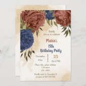 Terracotta navy blauen Blumengrün Geburtstag Einladung (Vorne/Hinten)
