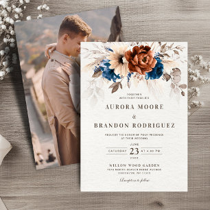 Terracotta Navy Blauer botanischer Foto Hochzeit Einladung