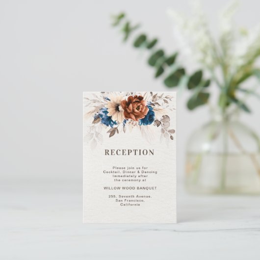 Terracotta Navy Blauer Hochzeitsempfang Begleitkarte (Stehend Vorderseite)